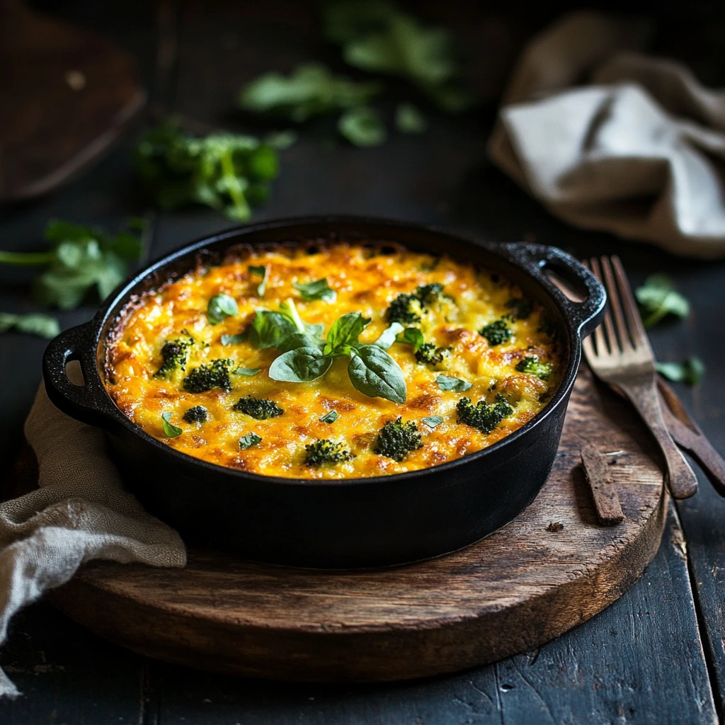 Freshly baked broccoli cheese casserole in a black cast iron dish, garnished with basil, sitting on a rustic wooden board.