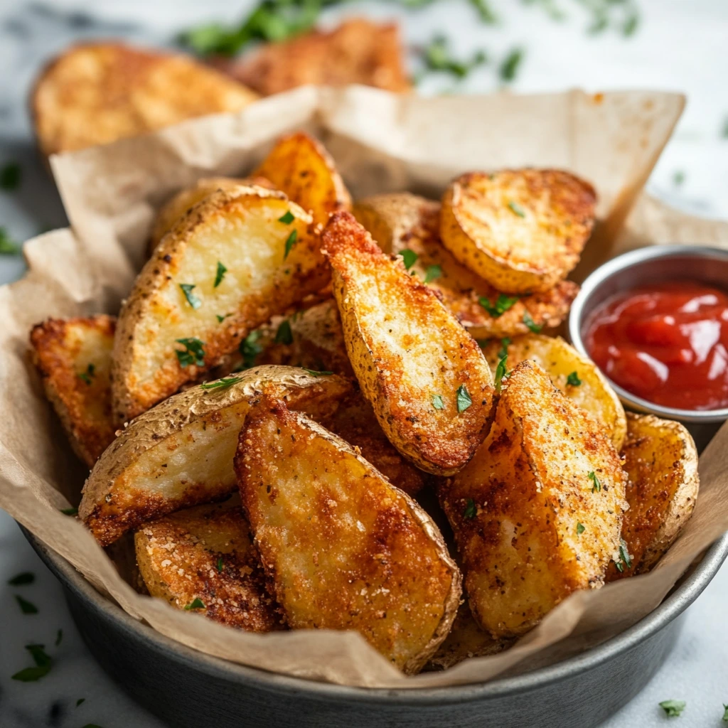 A wooden bowl filled with crispy, golden-brown potato rounds garnished with fresh herbs and sesame seeds, served with a creamy dipping sauce.