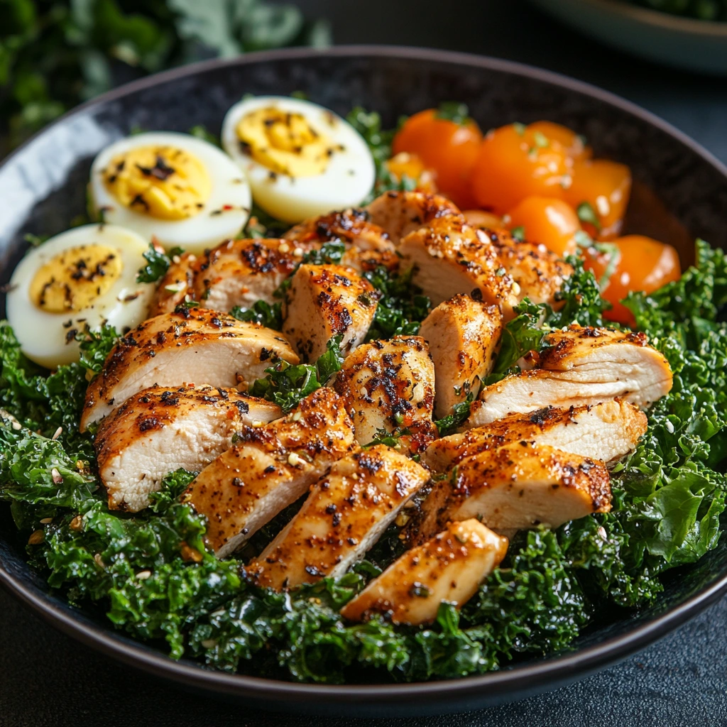 A hearty kale salad topped with grilled chicken, sliced hard-boiled eggs, and cherry tomatoes, served in a black bowl.