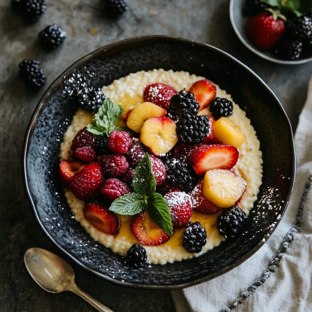 A bowl of creamy sweet grits topped with fresh strawberries, blackberries, raspberries, peaches, and a dusting of powdered sugar, garnished with mint leaves.