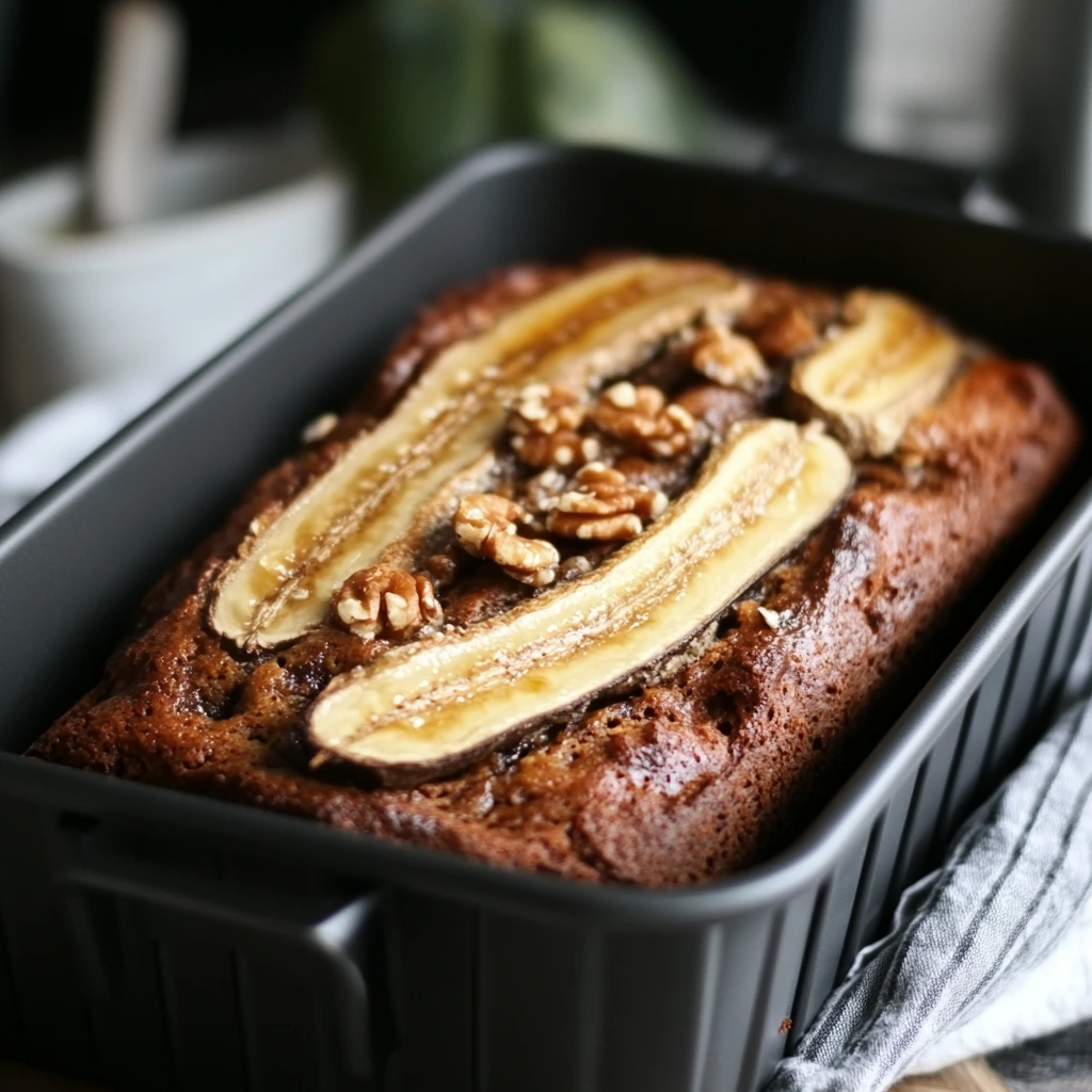 Freshly baked banana bread in a loaf pan, topped with halved banana slices and walnuts for a decorative and flavorful finish.