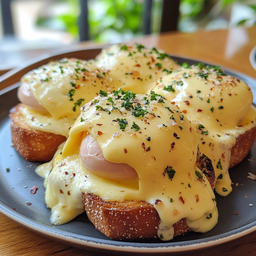 A plate of Eggs Benedict featuring thick toasted bread, poached eggs, and a generous drizzle of creamy hollandaise sauce, garnished with fresh herbs and red pepper flakes.