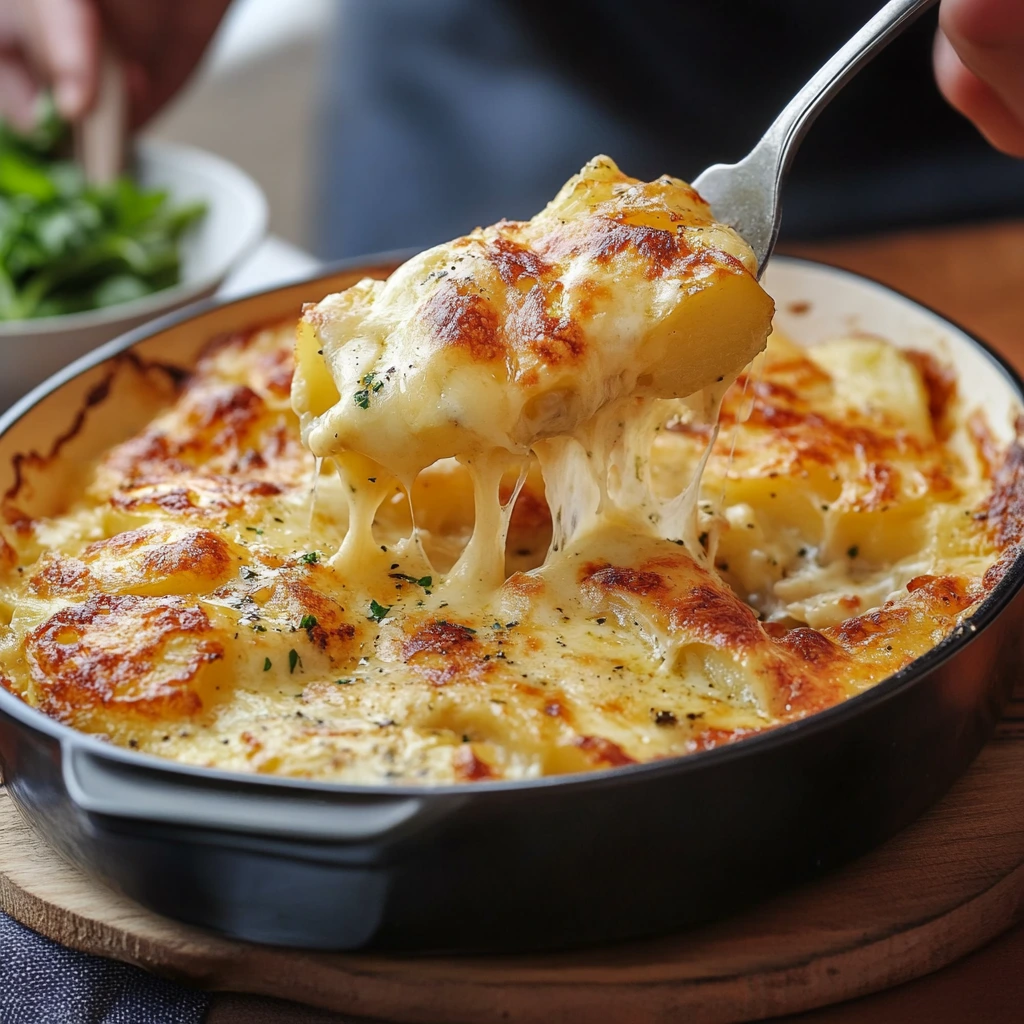 A fork lifting a gooey, cheesy bite of potato from a golden-brown cheesy potato bake in a black baking dish, with melted cheese stretching from the dish.