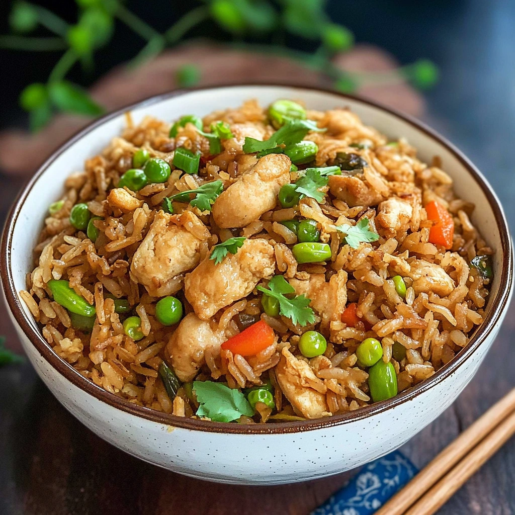 A bowl of homemade chicken fried rice garnished with fresh cilantro and green onions, featuring tender chicken pieces, vibrant green peas, diced carrots, and flavorful seasoned rice.