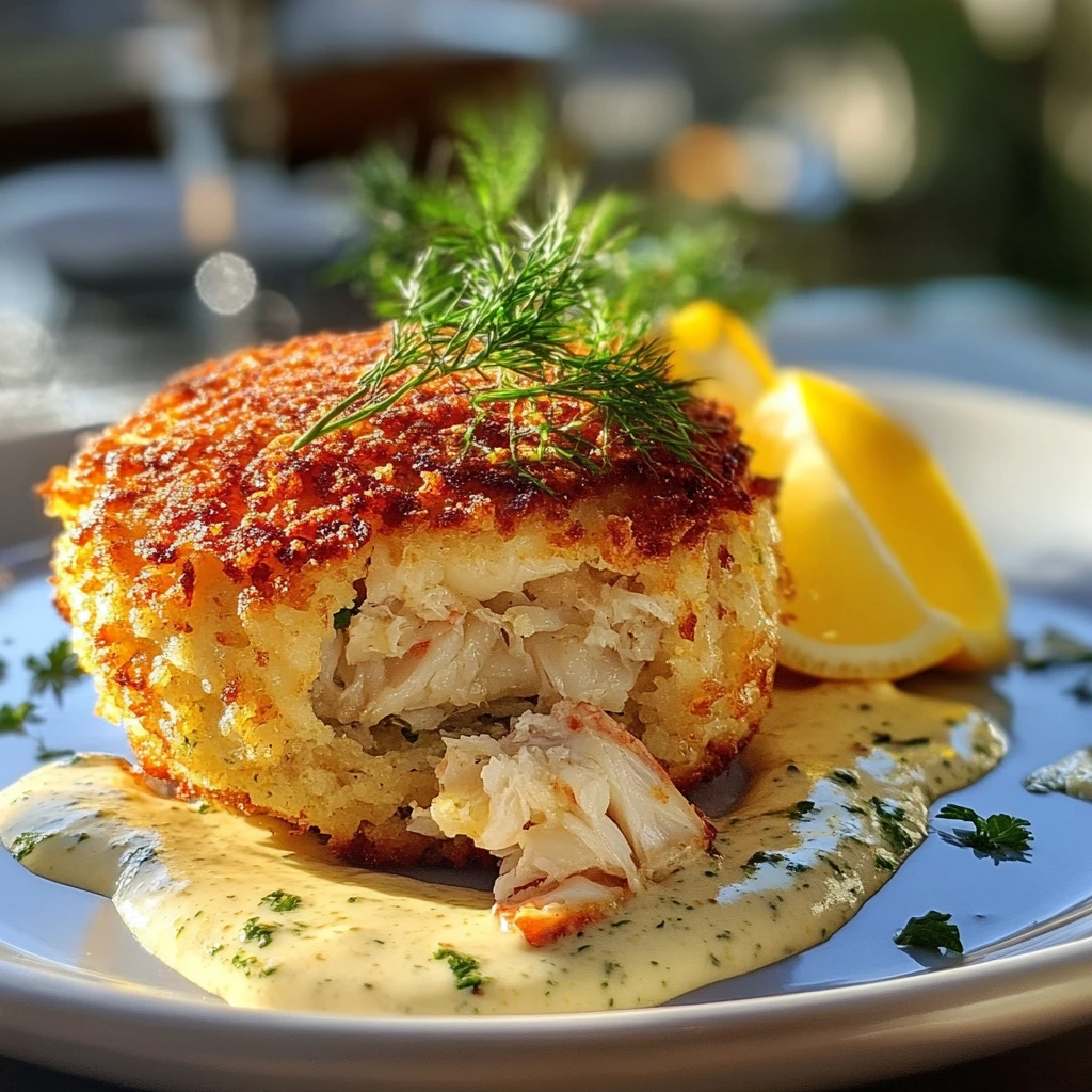 Best Crab Cake Recipe with a golden, crispy crust, served with a creamy herb sauce and fresh lemon slices.