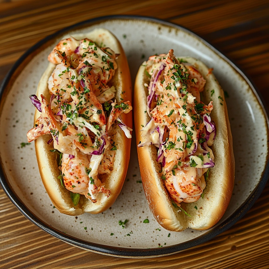 Two lobster rolls filled with fresh lobster meat, creamy coleslaw, and chopped herbs, served on a toasted bun and plated on a ceramic dish.