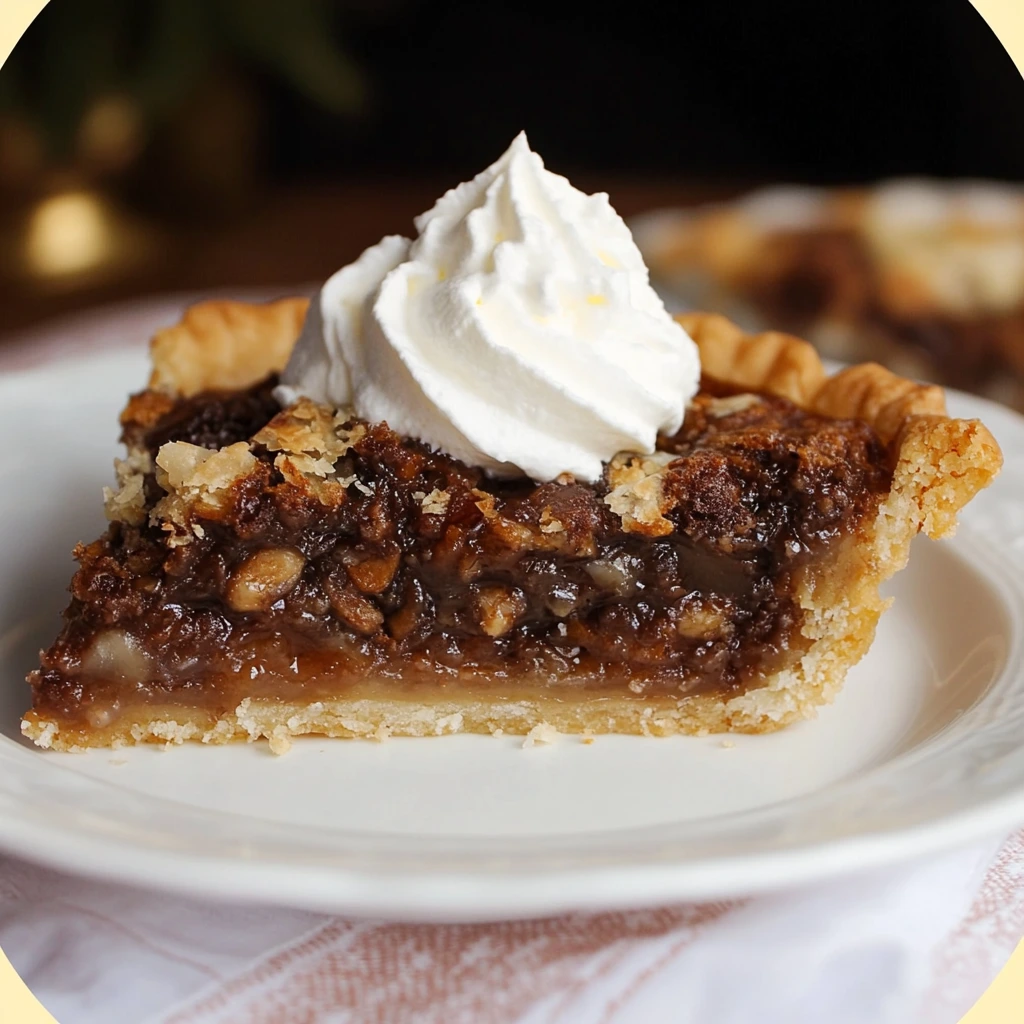A slice of Derby Pie on a white plate, featuring a gooey chocolate-walnut filling with a flaky crust, topped with a swirl of whipped cream.