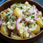 A rustic potato salad with yellow baby potatoes, sliced red onions, creamy mustard dressing, and fresh parsley, served in a brown bowl.