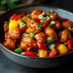 A bowl of crispy sweet and sour chicken coated in a glossy, tangy sauce, garnished with sesame seeds, cilantro, and colorful bell peppers.