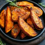 Roasted sweet potato wedges seasoned with salt, pepper, and rosemary on a black plate.